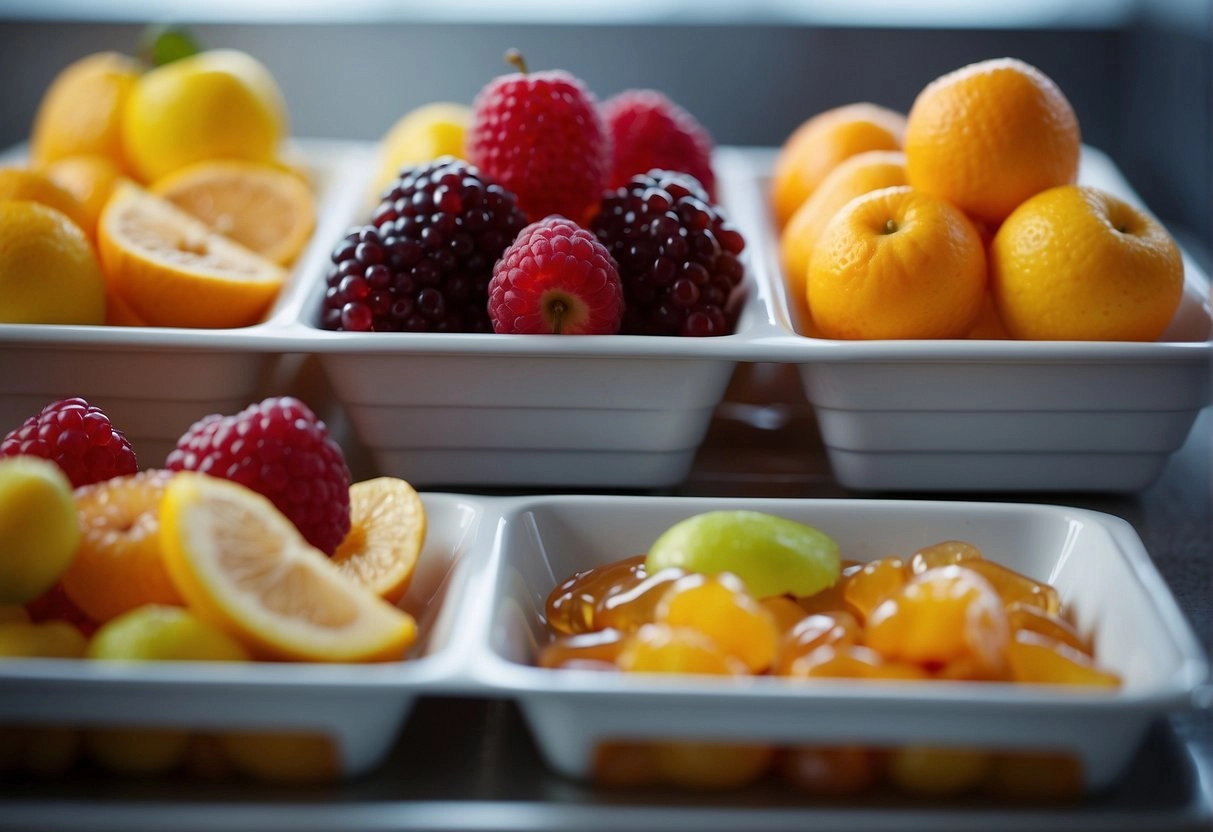 Fruit pieces dipped in syrup, placed on trays, and frozen. Tray placed in freeze dryer for several hours. Candy removed and packaged