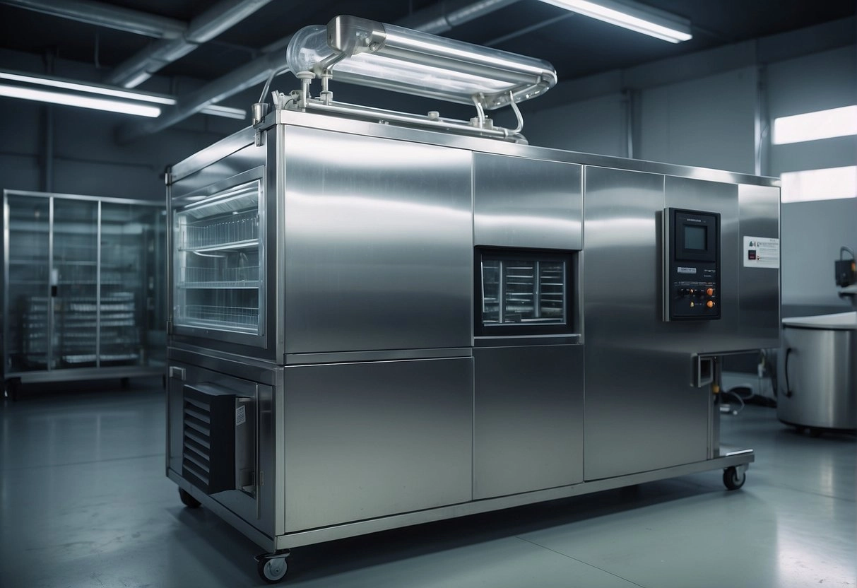A vacuum chamber with trays of frozen product, connected to a condenser and vacuum pump. Ice sublimates, leaving behind freeze-dried product