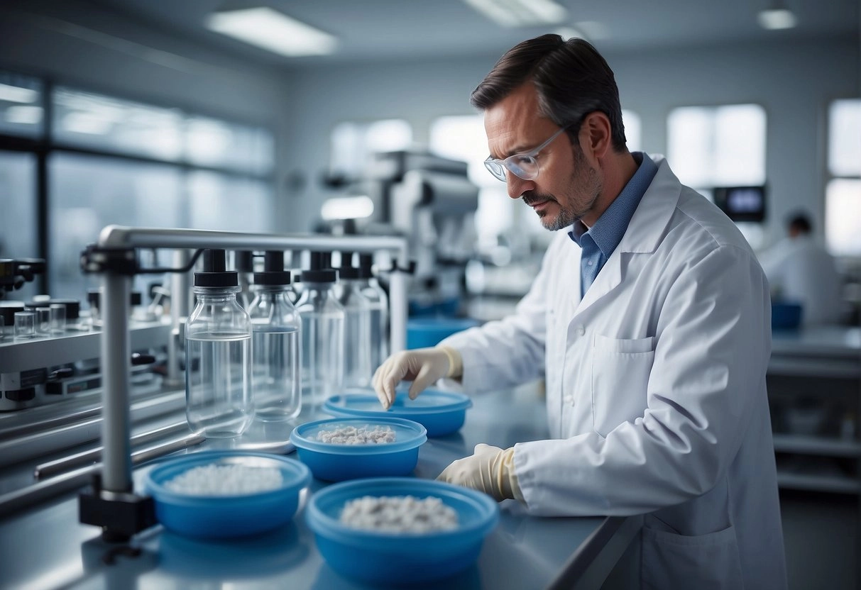 A laboratory setup with a vacuum chamber and trays of frozen samples. A technician operates the freeze-drying equipment, with scientific instruments and historical references in the background