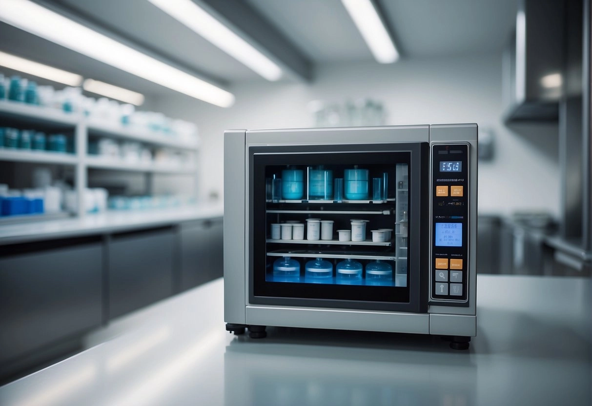 A freeze-drying machine in a sterile laboratory setting, with shelves of sealed containers and a control panel displaying temperature and pressure settings
