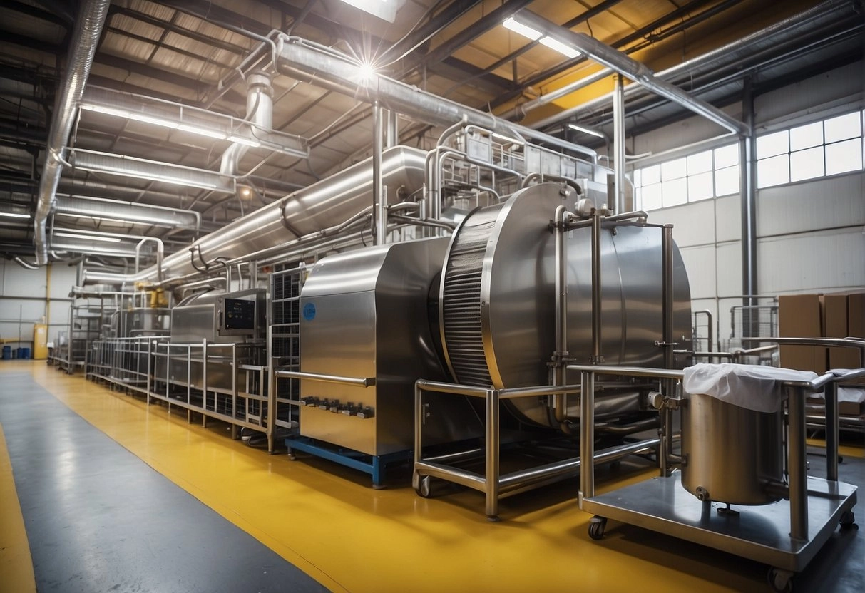 A large industrial freeze dryer in a warehouse setting with conveyor belts and machinery, surrounded by crates of various products ready for freeze-drying