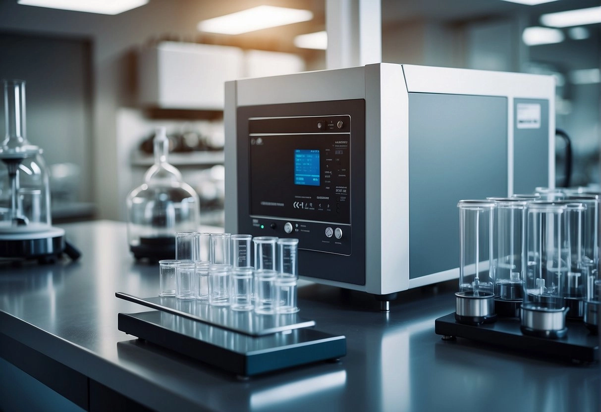 A laboratory setting with a freeze-drying machine surrounded by scientific equipment and futuristic technology