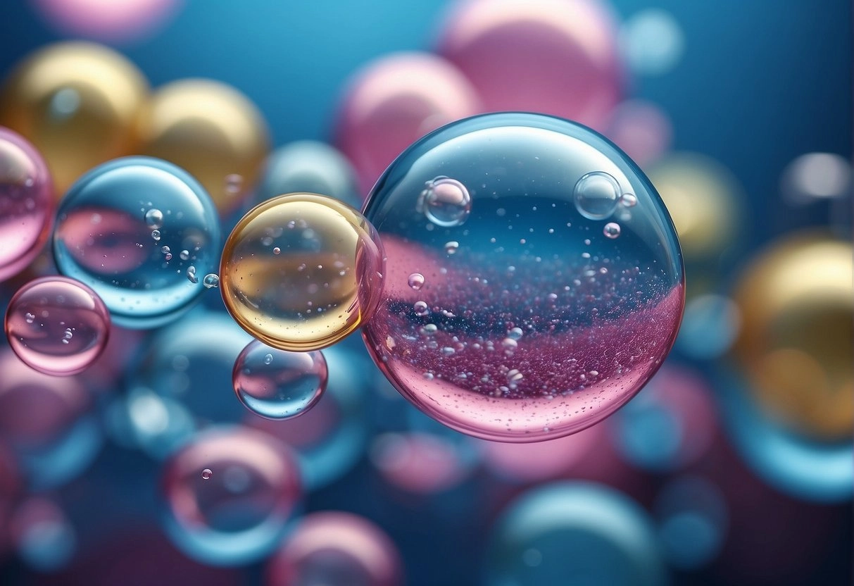 A colorful swirl of pink and blue bubbles floating in the air, emitting a sweet and fruity aroma